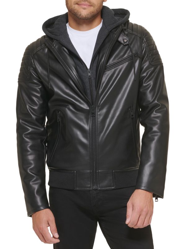 Guess 2-In-1 Hooded Faux Leather Bomber Jacket
